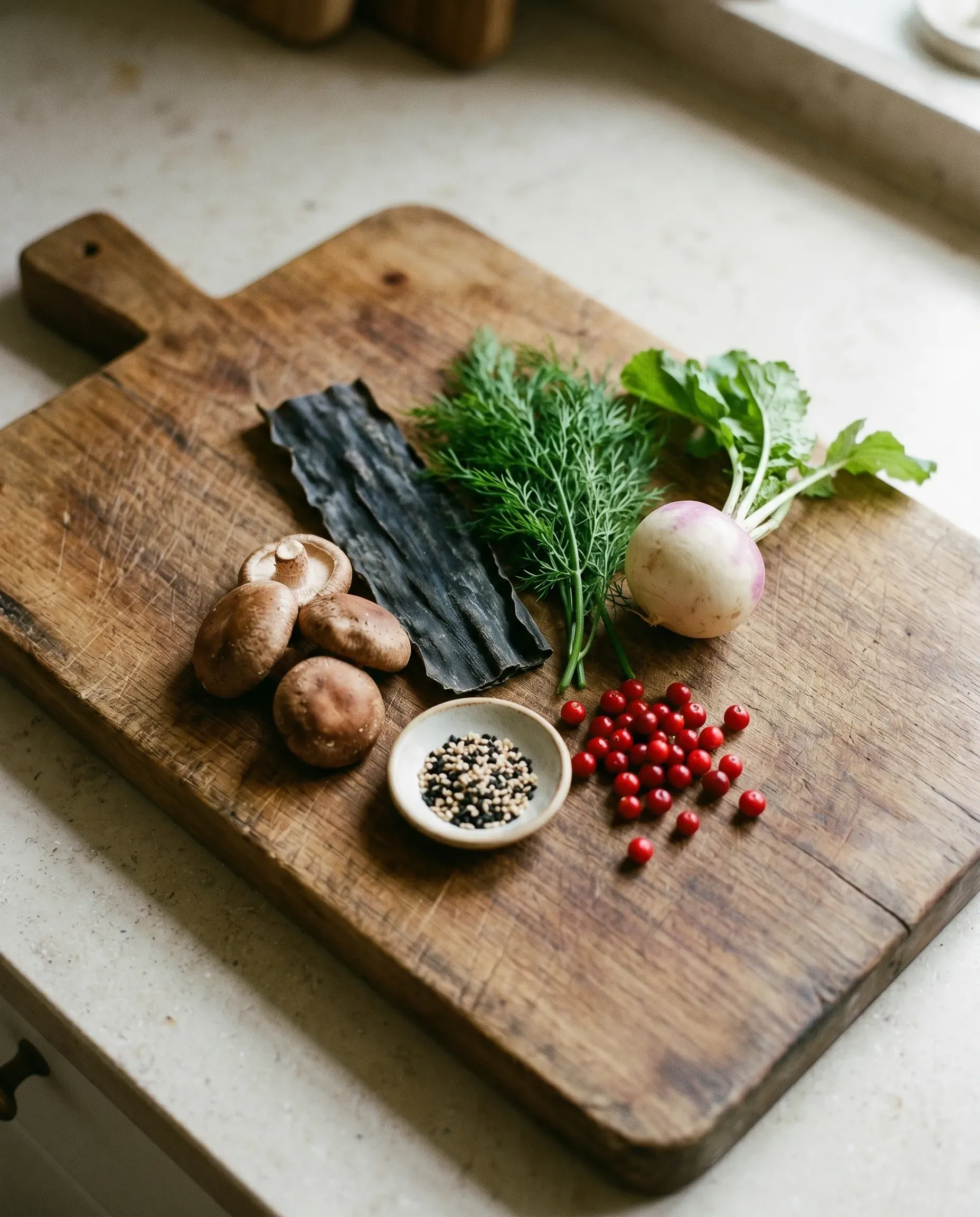 Japanese and Swedish ingredients on a worn cutting board