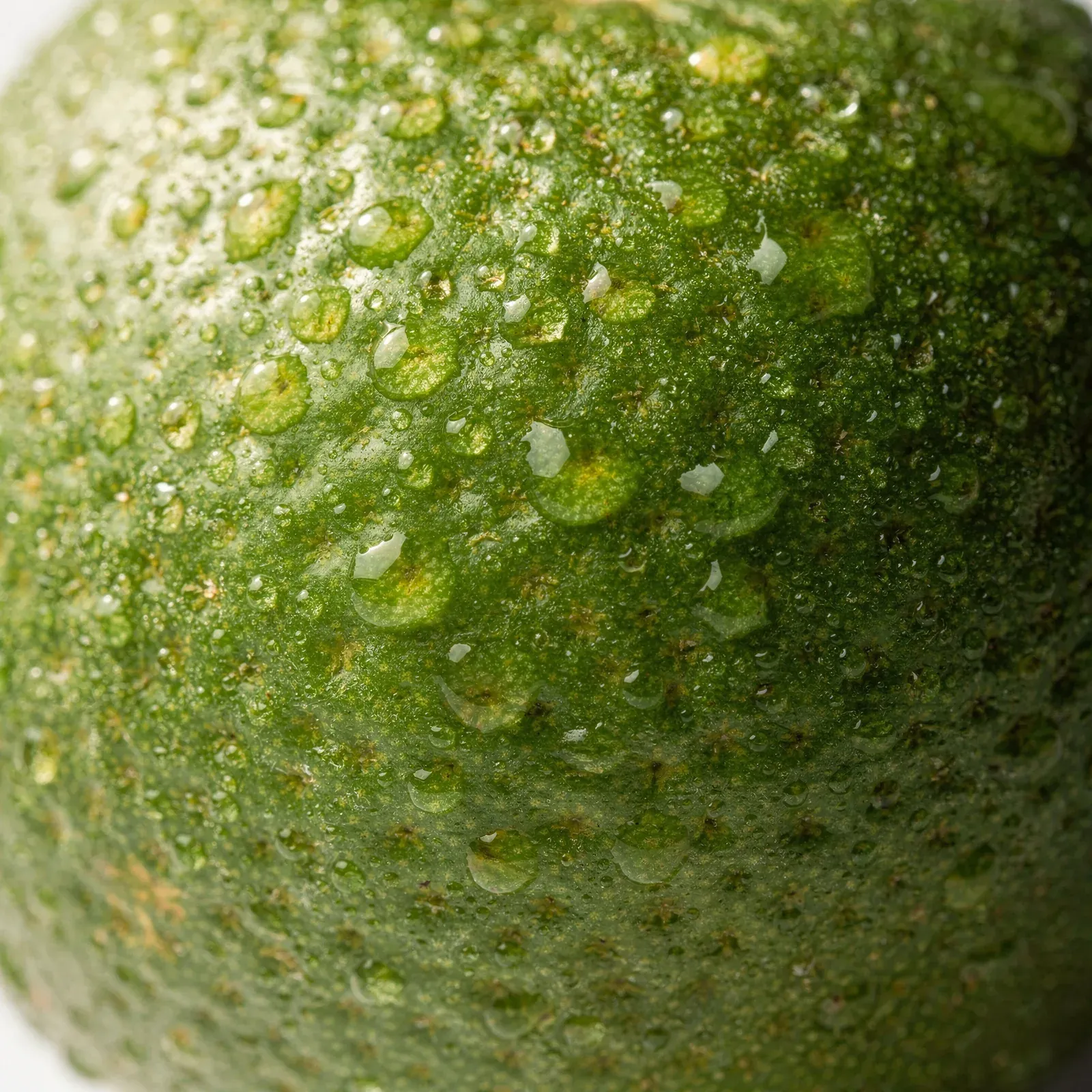 Närbild på grönt citrusskal med kalla vattendroppar