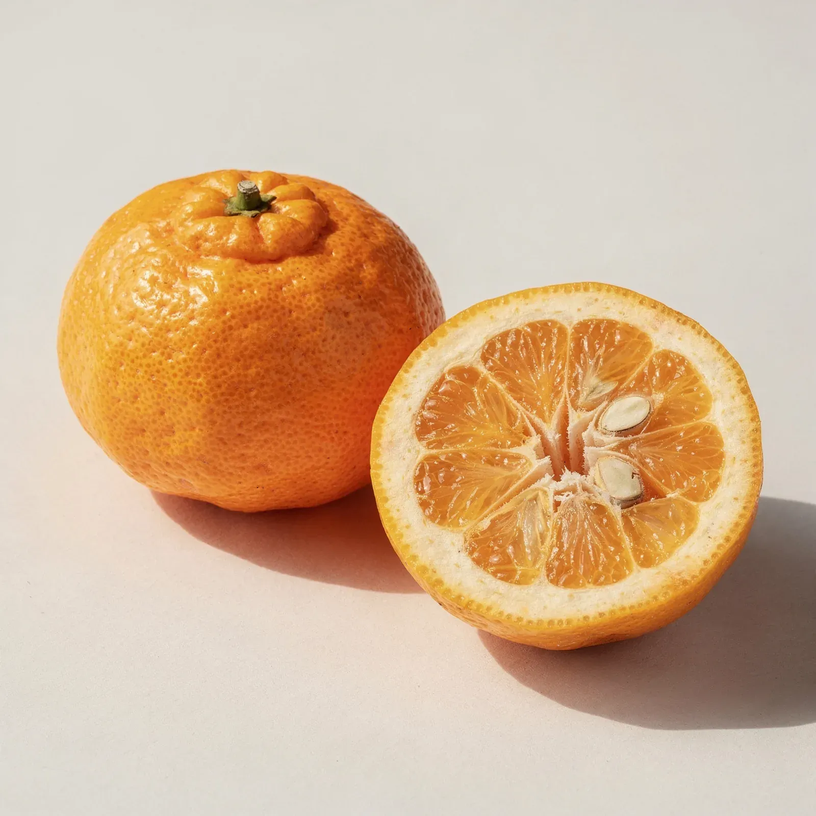 Daidai, en hel orange frukt och en halva med tjockt vitt skal