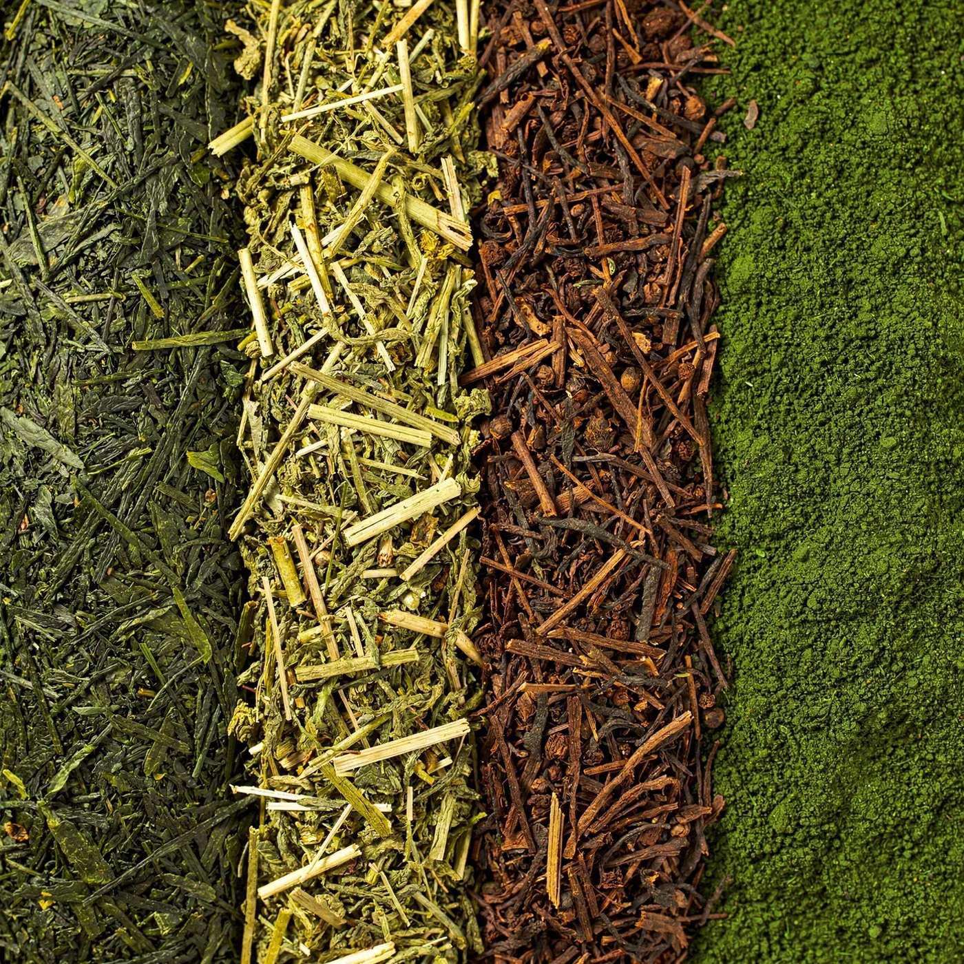 Four forms of Japanese green tea side by side: rolled leaf, stem tea, roasted and powder