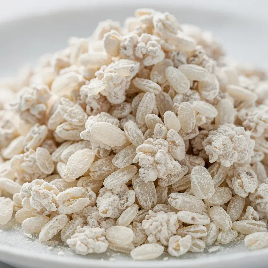 Rice koji: steamed grains of rice covered in white mold