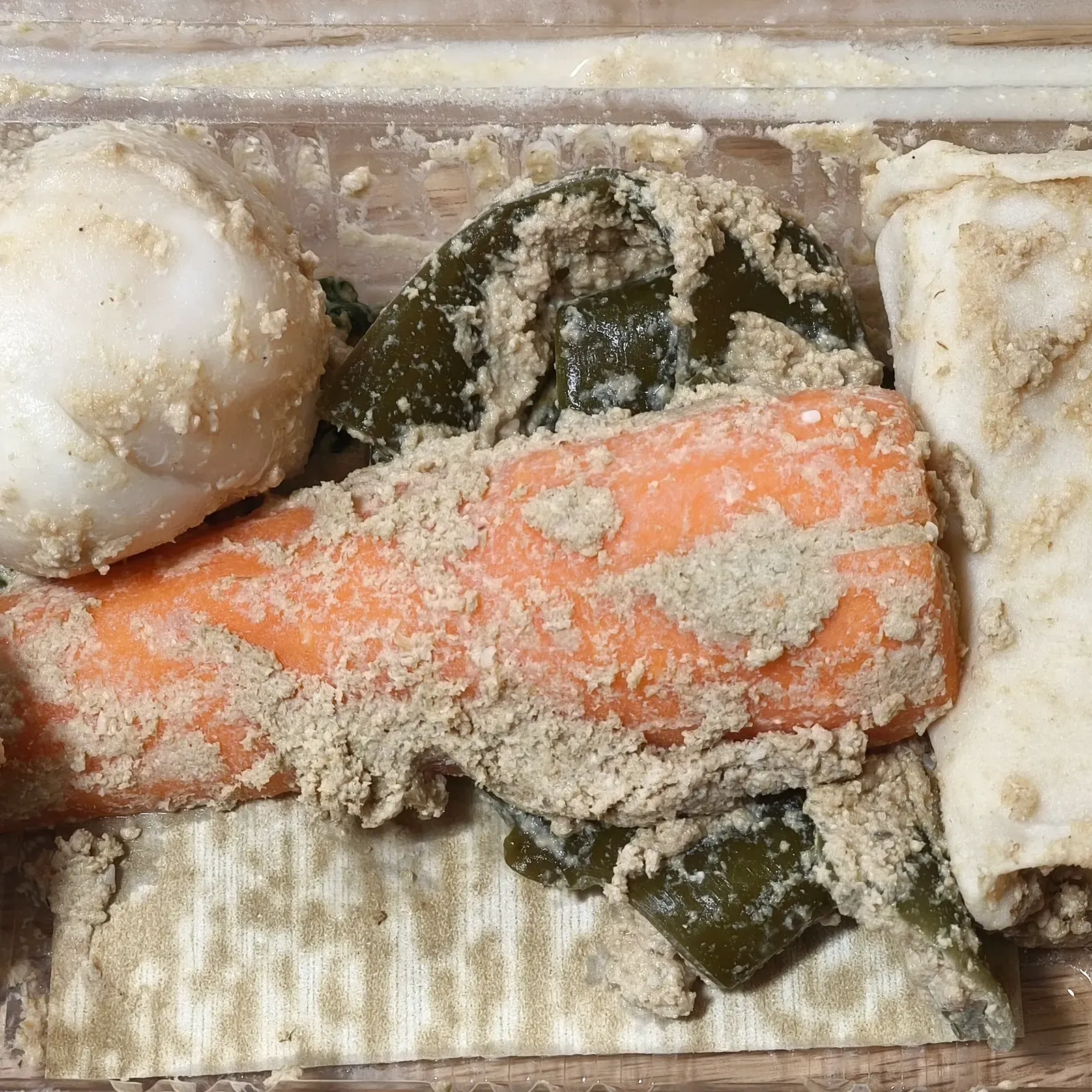 Vegetables coated in rice bran, fresh out of the nuka bed